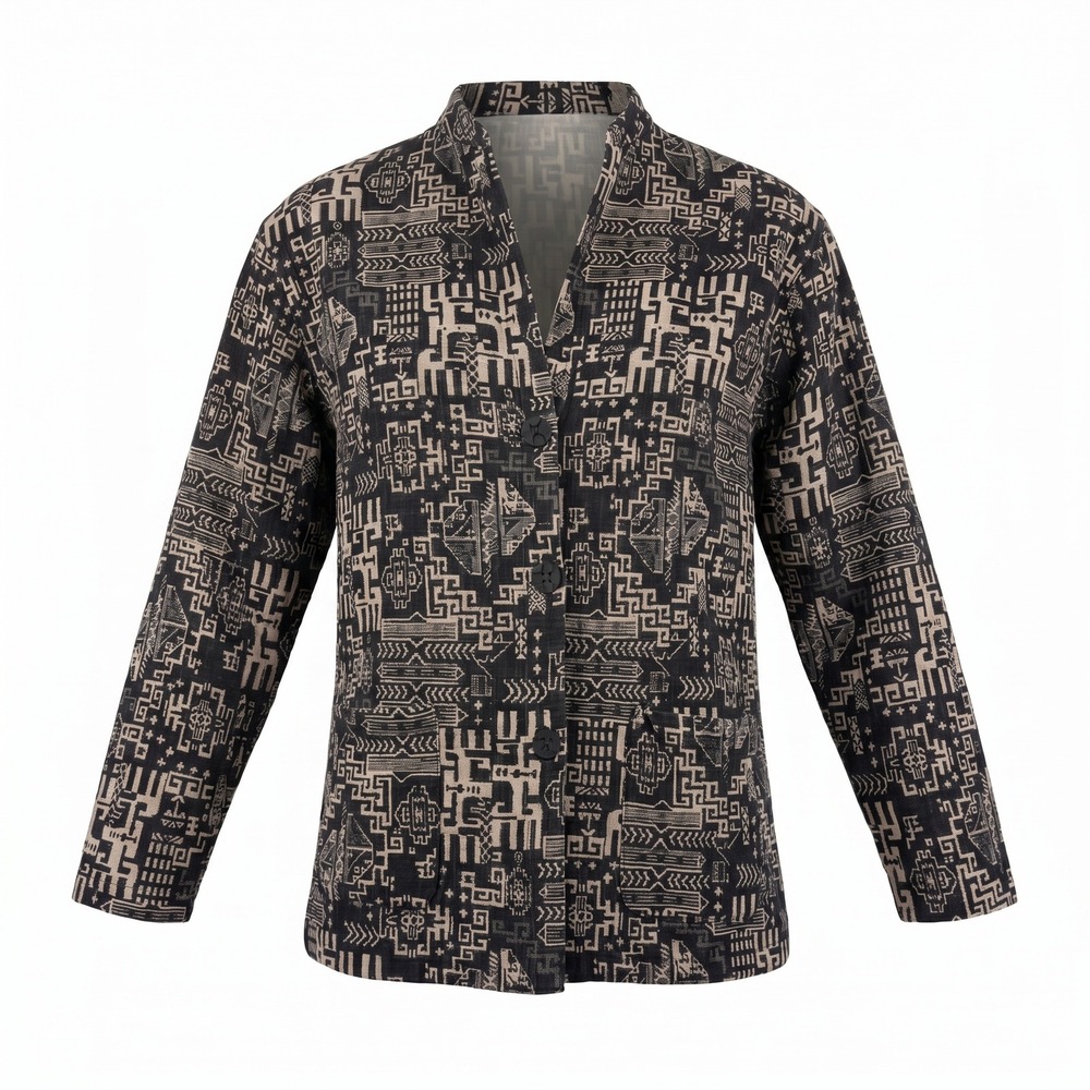 Chicos Design‎ Black Tan Geometric Tribal Cotton Button Front Jacket Large